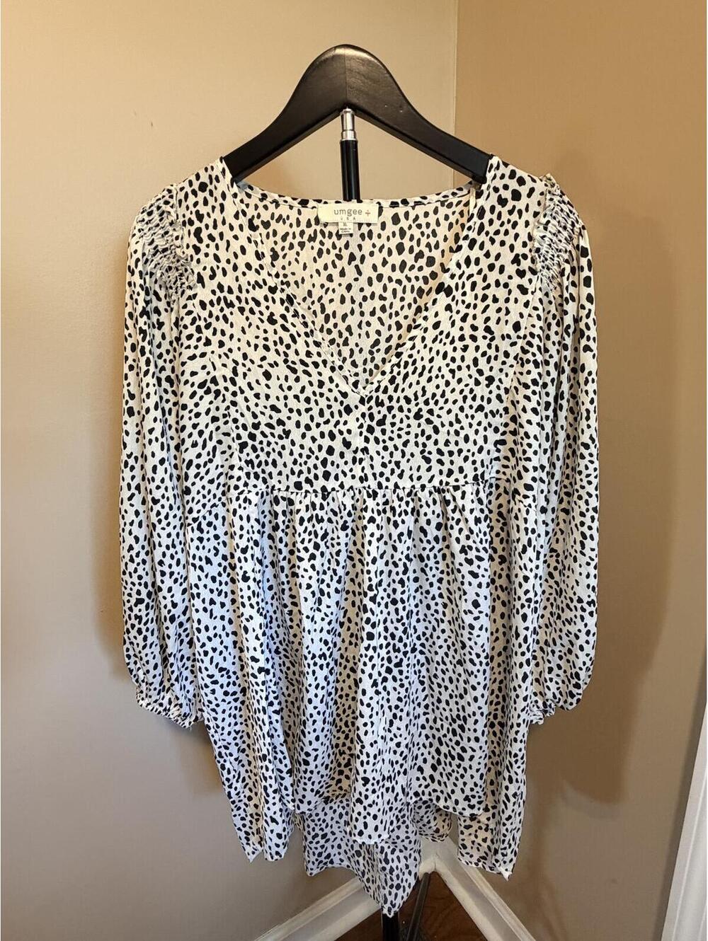 Umgee XL Dalmatian Print Babydoll Tunic Dress Boho Long Sleeve
